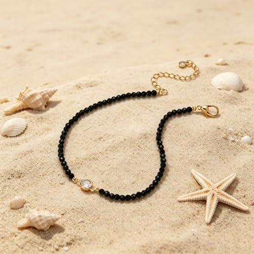 Raicegs Anklets for Women Handmade Beach Boho Ankle Bracelet 3mm Natural Stone Beaded Ankle Bracelet 14K Gold Plated Zircon Pendant Adjustable Crystal Gemstone Anklet Jewelry Gift for Her - color: Black Tourmaline