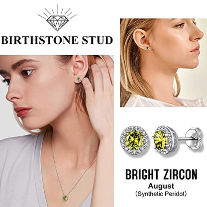 Bestyle Sparkling 925 Sterling Silver Birthstone Stud Earrings for Women, Heart/Round/Teardrop/Square Solitaire Diamond Studs Earrings, Great Birthday/Christmas Gifts - style: 08. Yellow Peridot-Aug.-round