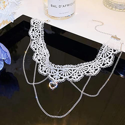 Bethynas Gothic White Lace Sexy Choker Necklace Heart Butterfly Pendant Tassel Collar Neck Chain Bridal Wedding Jewelry for Women Girls - color: Style B
