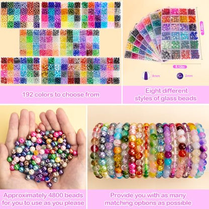 XSEINO 192 Colors 4800pcs 8mm Dream Candy Colorful Series Glass Beads Bracelet Making Kit,8 Box Different Unique Styles Crystal Bead for Making and DIY Crafts - color: 8 Boxs 8mm Round Glass Beads