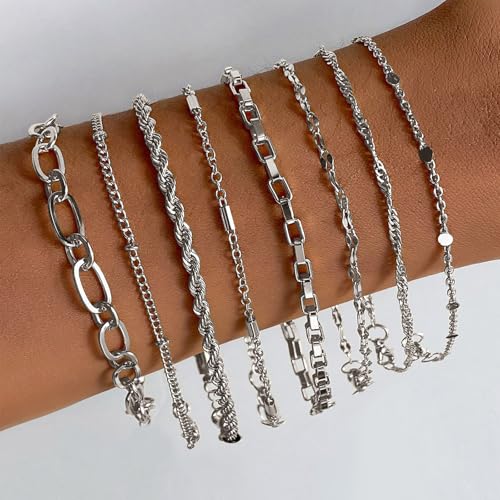 IFKM Gold Bracelets for Women, 14K Gold Plated Dainty Link Chain Bracelet set, Trendy Stackable Layered Bracelets jewelry Gifts - style: 8pcs Silver Chain twist box