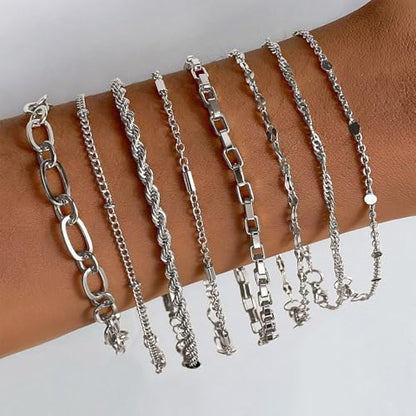 IFKM Gold Bracelets for Women, 14K Gold Plated Dainty Link Chain Bracelet set, Trendy Stackable Layered Bracelets jewelry Gifts - style: 8pcs Silver Chain twist box
