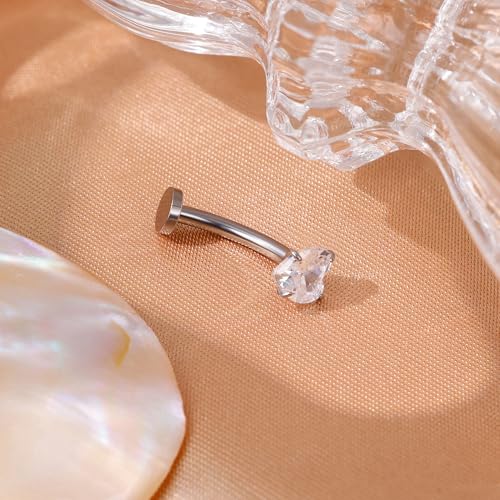 NICEIGHT 14G F136 Pure Titanium Floating Belly Button Rings for Women Petite Flat Back CZ Belly Rings Opal Barbell Heart Curved Navel Ring Internally Threaded Belly Piercing Jewelry 8/10/12/14mm - color: Silver-Heart CZ, size: 12mm (Slightly Longer)