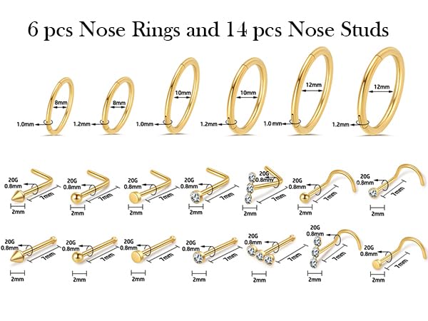 Surgical Steel Nose Ring 16G 18G L Shape Nose Studs Body Piercing for Women - color: B-Gold