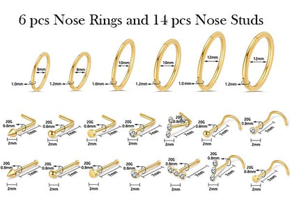 Surgical Steel Nose Ring 16G 18G L Shape Nose Studs Body Piercing for Women - color: B-Gold