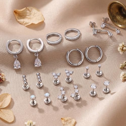 Stainless Steel Stud Earrings Set for Women Hypoallergenic Flat Back Cartilage Earrings Screw Back Huggie Hoop Earrings Multiple Piercing Cubic Zirconia Helix Tragus Jewelry - color: Set-F-Silver