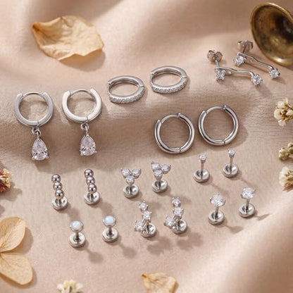 Stainless Steel Stud Earrings Set for Women Hypoallergenic Flat Back Cartilage Earrings Screw Back Huggie Hoop Earrings Multiple Piercing Cubic Zirconia Helix Tragus Jewelry - color: Set-F-Silver