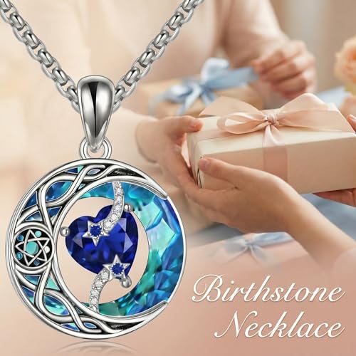ONEFINITY Moon Star Necklace 18K White Gold Plated Celtic Moon Birthstone Pendant Necklaces Heart Birthstone Anniversary Birthday Jewelry Gifts for Women Wife Mom - style: September