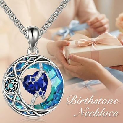 ONEFINITY Moon Star Necklace 18K White Gold Plated Celtic Moon Birthstone Pendant Necklaces Heart Birthstone Anniversary Birthday Jewelry Gifts for Women Wife Mom - style: September