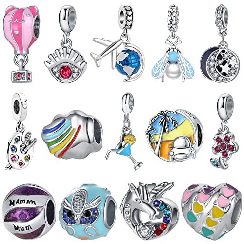 12pcs Mixed Silver Plated Colorful Enamel Alloy Beads Dangle Charms Fits for European Snake Chain Bracelet Necklace DIY Jewelry Making Supplies - color: 14pcs Beads