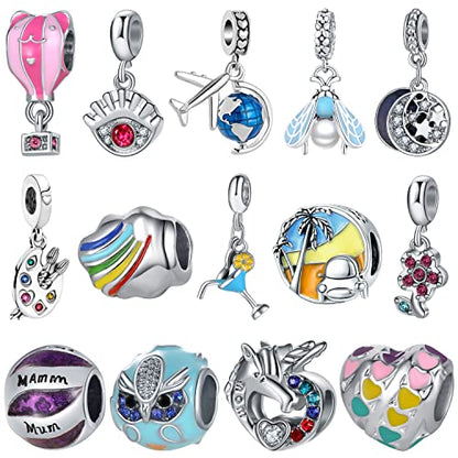 12pcs Mixed Silver Plated Colorful Enamel Alloy Beads Dangle Charms Fits for European Snake Chain Bracelet Necklace DIY Jewelry Making Supplies - color: 14pcs Beads