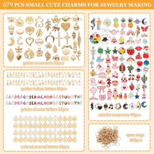 Riwiuue 679 Pcs Gold Charms for Jewelry Making | Includes 279 Pcs Letter Initials & Enamel Charms and 400 Jump Rings for Keychains, Bracelets, Necklaces, DIY Crafts - color: Letter & Mixed Patterns Charms-679pcs