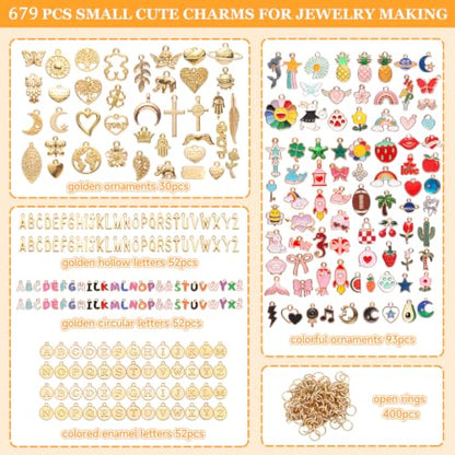 Riwiuue 679 Pcs Gold Charms for Jewelry Making | Includes 279 Pcs Letter Initials & Enamel Charms and 400 Jump Rings for Keychains, Bracelets, Necklaces, DIY Crafts - color: Letter & Mixed Patterns Charms-679pcs