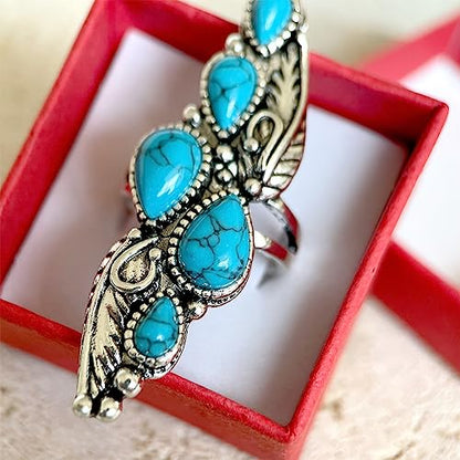 HAIXIAN Antique Full Finger Turquoise Stones Ring,Retro Thick Silver Plated Multi Waterdrop Gemstone Crystal Wide Cocktail Party Ring Jewelry