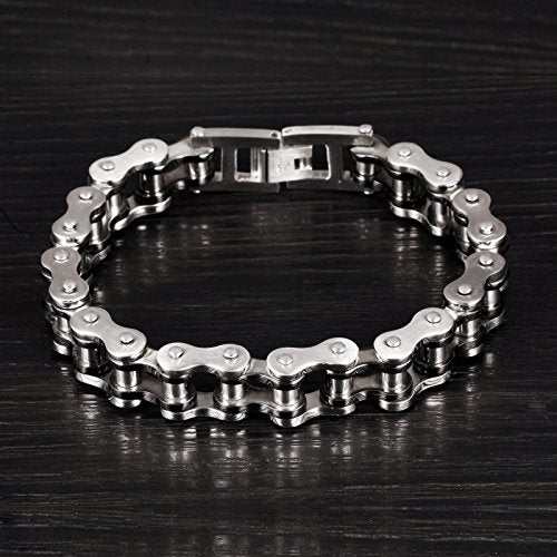 jonline24h Mens Womens Stainless Steel Motorcycle Biker Chain Heavy Bracelet Rock Link Wristband - color: Black Silver