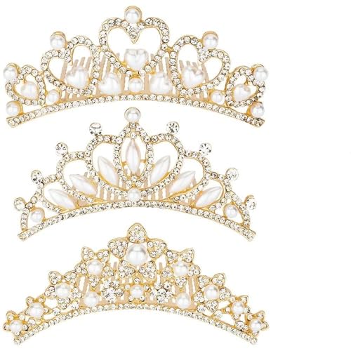 ANBALA Small Tiara Crown with Hair Comb, 3 Pack Mini Tiara Crown Princess Crystal Shiny Hair Accessories for 2 3 4 5 6 7 8 9 Years Girls Hair Dectoration Styling Cute Hair Accessories (Gold) - color: gold
