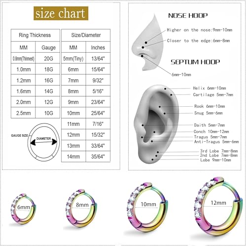 Hypoallergenic Unisex Surgical Steel Small Cubic Zirconia Huggie Hoop Earring, Color Gold - Silver - Rose Gold - Black - Rainbow, Size 6mm- 12mm Safe for Sensitive Ear - style: A0001 : 6MM Rainbow Hoops(2mm thickness)