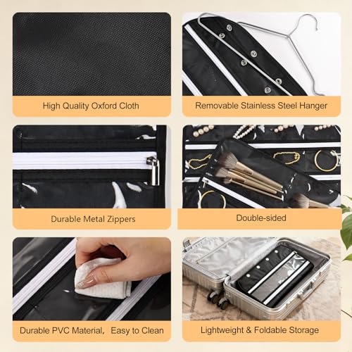 Hanging Jewelry Organizer Storage Roll 56 Zippered Pockets with Detachable Hanger Double-Sided Foldable, Travel Jewelry Holder for Earrings, Rings, Bracelets, Hanging on Closet, Wall, Door, Black - size: 56 Zippered Pockets