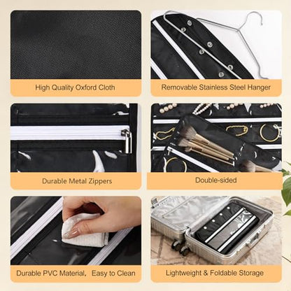Hanging Jewelry Organizer Storage Roll 56 Zippered Pockets with Detachable Hanger Double-Sided Foldable, Travel Jewelry Holder for Earrings, Rings, Bracelets, Hanging on Closet, Wall, Door, Black - size: 56 Zippered Pockets