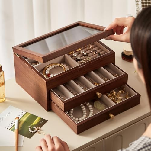 Black Walnut Wooden Jewelry Box Women with One-way Vision Mirror | Large Wood Jewelry Drawer Organizer, Glass Lid, With Mirror, For Necklaces Watch Ring Earring, Gift for Her, Velvet-Lined - style: 3 Layer A