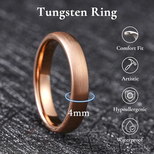 King Will Wedding Band for Men Women, 2/4/6/7/8mm Domed Matte Brushed Tungsten Carbide Rings, Solid/Dual Color Engagement Rings, Comfort Fit - color: Rose Gold-4mm