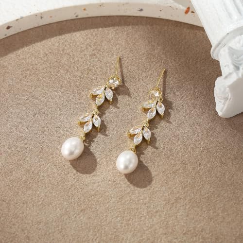 Crysdue Simulated Pearl Earrings for Women, Dainty Silver/Gold/Rose Gold Plated Cubic Zirconia Drop Dangle Earrings Wedding Jewelry for Bride Bridesmaid - style: I_CZ+Pearl, Gold