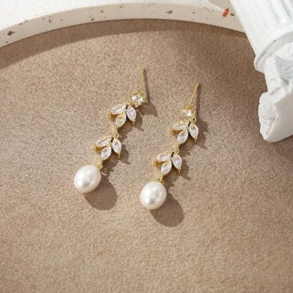 Crysdue Simulated Pearl Earrings for Women, Dainty Silver/Gold/Rose Gold Plated Cubic Zirconia Drop Dangle Earrings Wedding Jewelry for Bride Bridesmaid - style: I_CZ+Pearl, Gold