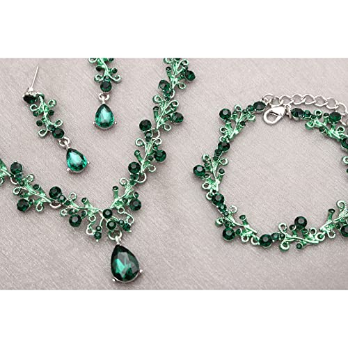3Pcs Austrian Crystal Jewelry Set for Women, Necklace Dangle Earrings Link Bracelet Jewelry Set with Gold/Platinum/Gun Plated, Wedding Party Jewelry for Bridal Bridesmaid - color: Green-Platinum Plated