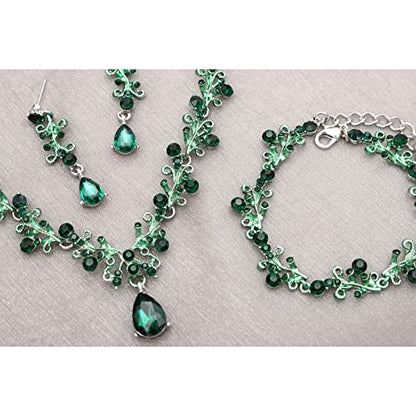 3Pcs Austrian Crystal Jewelry Set for Women, Necklace Dangle Earrings Link Bracelet Jewelry Set with Gold/Platinum/Gun Plated, Wedding Party Jewelry for Bridal Bridesmaid - color: Green-Platinum Plated