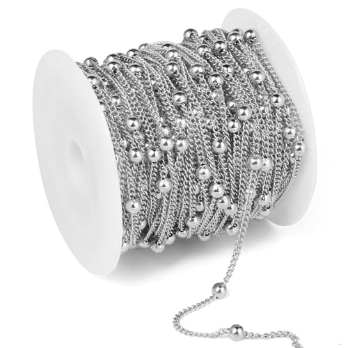 33FT 2mm Stainless Steel Satellite Bead Chains Roll Bulk for Jewelry Making | 304 Stainless Steel Ball Beaded Twisted Curb Link Chains Spool for DIY Craft - color: Stainless Steel Big Beads Satellite Curb Chain