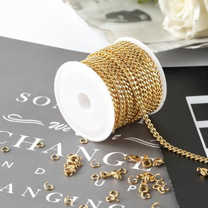 Kyutong 16.4 Feet Gold Plated Craft Chains for Jewelry Making | 304 Stainless Steel Curb Chain Roll for Women Men Necklace Bracelet DIY Supplies Findings - color: Gold Curb
