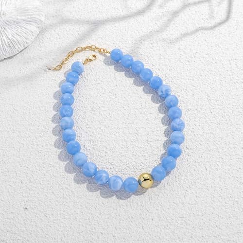 Chunky Beaded Necklace for Women Boho Statement Bead Necklace | Adjustable, Lightweight Choker, Round/Oval/Pebble Beads, Trendy Summer Beach Jewelry - color: Light Blue-C