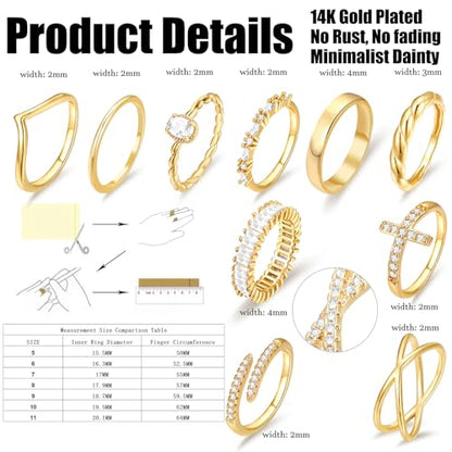 10 PCS 14K Gold Plated Rings Set for Women, Dainty Gold Knuckle Ring Non Tarnish, Simple Thumb Stacking Rings Pack Size 6/7/8/9/10 - color: gold