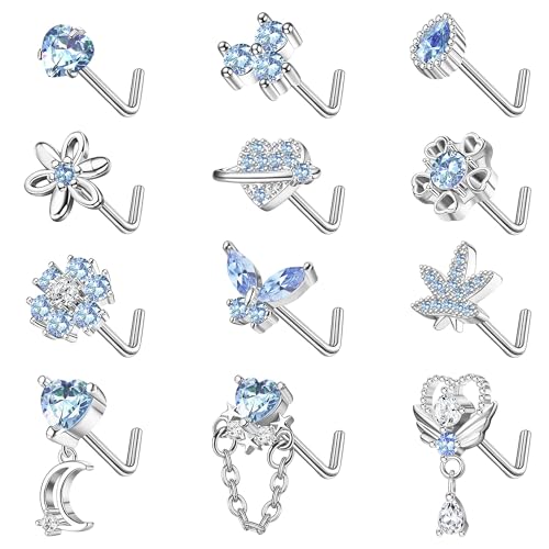 Sanfenly 12 PCS 20G Nose Rings Surgical Stainless Steel, L Shaped Nose Studs for Women Men, CZ Heart Butterfly Flower Leaf Moon Dangle Cute Nose Piercings Studs Screw Jewelry Pink/Purple/Blue/Clear - color: Blue