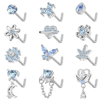 Sanfenly 12 PCS 20G Nose Rings Surgical Stainless Steel, L Shaped Nose Studs for Women Men, CZ Heart Butterfly Flower Leaf Moon Dangle Cute Nose Piercings Studs Screw Jewelry Pink/Purple/Blue/Clear - color: Blue