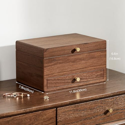 Black Walnut Wooden Jewelry Box for Women, 3 Layer | Large Wood Jewelry Organizer, Multi-functional Drawers, Watch, Necklace, Ring, Earring Storage, Gift