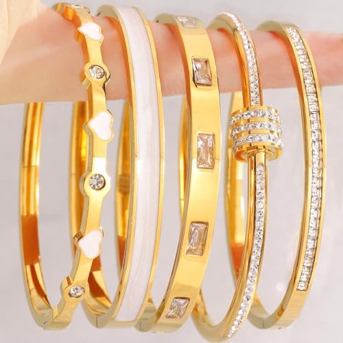 Camhanno Pink Heart Bangle Bracelets for Women - 18K Gold Plated Stackable Stainless Steel, Friendship & Love Jewelry Gift for Her - color: White