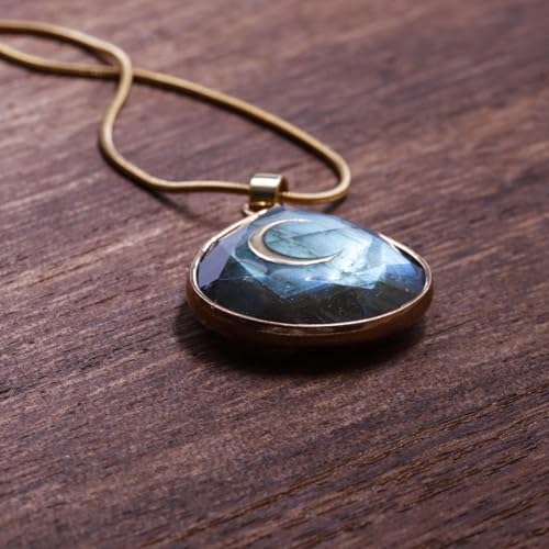 Da Piao Liang Labradorite Crescent Moon Energy Necklace, Healing Crystal Pendant With Stainless Steel Chain, Spiritual Jewelry - color: Gold