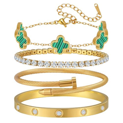 18K Gold Plated Bangle Bracelets Stack for Women,Four Leaf Clover Stackable Bracelets Non Tarnish,4 Pcs Jewelry sets Gifts - color: Green