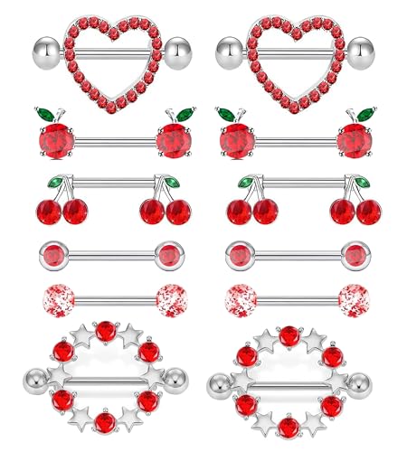 Suotarn 14G INNINipple Rings for Women 316L Stainless Steel Heart Cherry,Star Butterfly Nipple Barbell CZ Cute Nipple Rings Set Nipplerings Piercing Jewelry - color: red