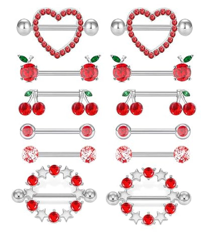 Suotarn 14G INNINipple Rings for Women 316L Stainless Steel Heart Cherry,Star Butterfly Nipple Barbell CZ Cute Nipple Rings Set Nipplerings Piercing Jewelry - color: red