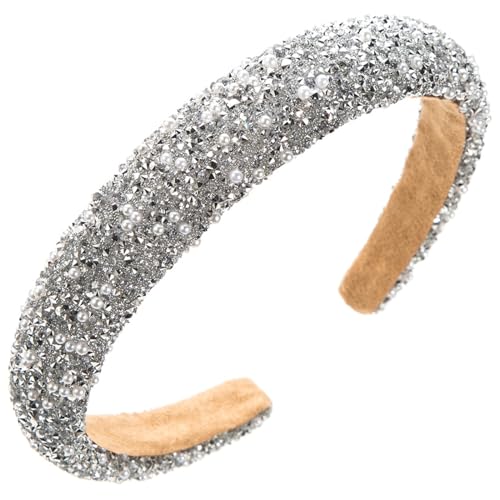 Glitter Crystal Headband for Women - Sparkly Bling Diamond Wide Hairband With Sparkle Beaded Crystals, Thick Padded, Non-Slip Hair Hoop for Party (White, L) - color: White
