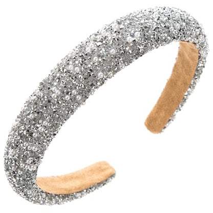 Glitter Crystal Headband for Women - Sparkly Bling Diamond Wide Hairband With Sparkle Beaded Crystals, Thick Padded, Non-Slip Hair Hoop for Party (White, L) - color: White