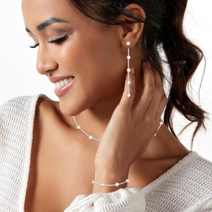 Zeffy Gold Pearl Necklace for Women, Dainty 14K Gold/Silve Plated Layered Pearl Choker Pearl Earrings Pearl Bracelets Wedding Trendy Gold Jewelry Set for Women Gifts - style: Silver Pearl Choker&Drop Earring&Bracelet-3PCS