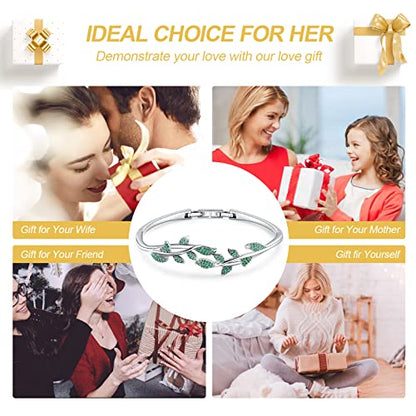 Green Leaves Bangle Bracelets For Women 18K White Gold Plating Adjustable Bracelets with Crystal For Wife Girlfriend Or Mothers Idea Gift For Mother's day (Green)