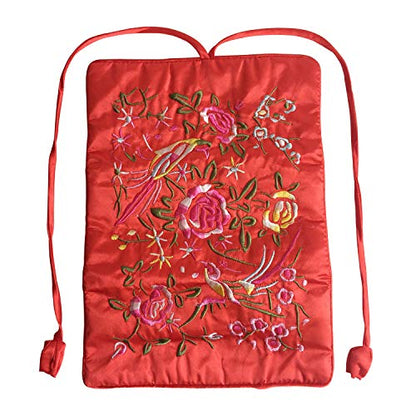 Travel Jewelry Roll Bag - Embroidered Brocade Pouch for Rings, Necklaces, Earrings, Bracelets | Lightweight & Tie Closure (Red) - color: Red