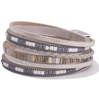 Boho Layered Leather Wrap Bracelets Chunky Western Country Hippie Jewelry | Stackable Bohemian Cowgirl Magnetic Clasp Cuff Bangle Set Fashion Stack Statement Festival Trendy Jewelry Gifts for Women - color: Grey
