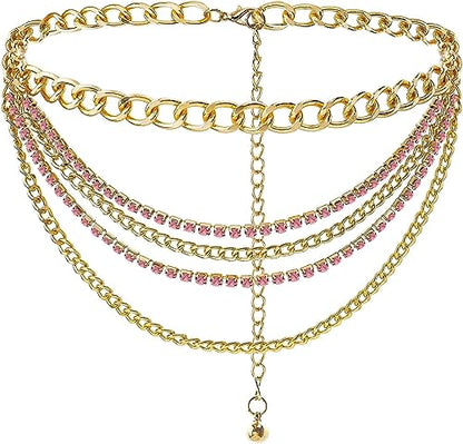 Suyi Multilayer Chain Belt Rhinestone Metal Chain Belts for Women Punk Gold Waist Chain - color: Gold Pink, size: M: 110 CM