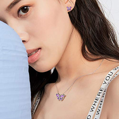 925 Sterling Silver Birthstone Butterfly Jewelry Women Crystal Animal Cute Butterflies Birthday Necklace/Earring/Ring/Bracelet Sets Birth Stone Statement Anniversary Jewellery - color: 1-B.February-Amethyst
