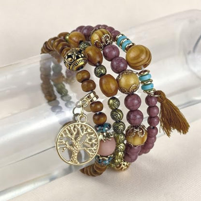 4Pcs Boho Vintage Caramel Tone Wooden Beaded Bracelet Set, Multi-Strand Tassel Stretch Turquoise Jewelry for Women